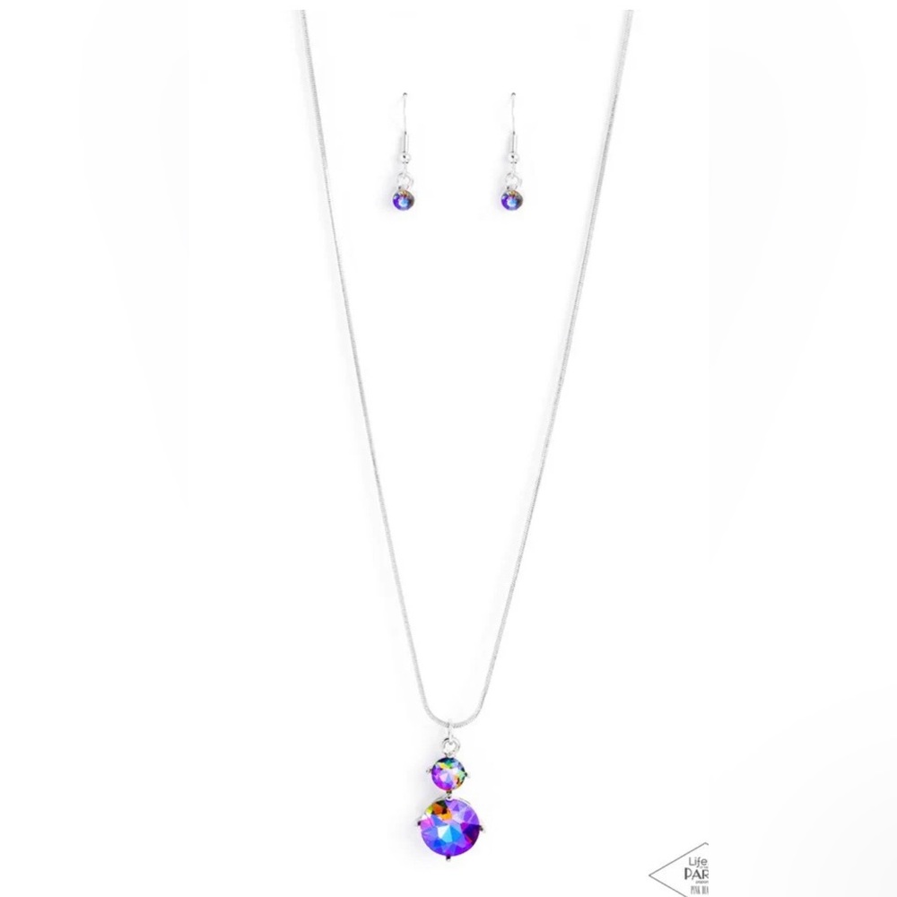 paparazzi Silver Necklace with Iridescent Blue Stud Earrings